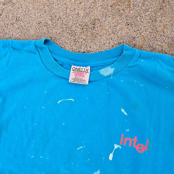 Vtg 90s INTEL Small Spellout Logo Paint Distressed Computer Tech T Shirt XL - Picture 3 of 5